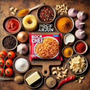 A flat lay image of ingredients for Makhani Maggi, including Maggi noodles, tomato puree, fresh cream, butter, and Indian spices.
