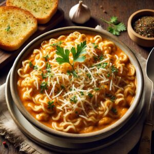 A bowl of Makhani Maggi, creamy butter masala Maggi noodles garnished with fresh coriander, grated cheese, and black pepper, served with garlic bread on a rustic wooden table.